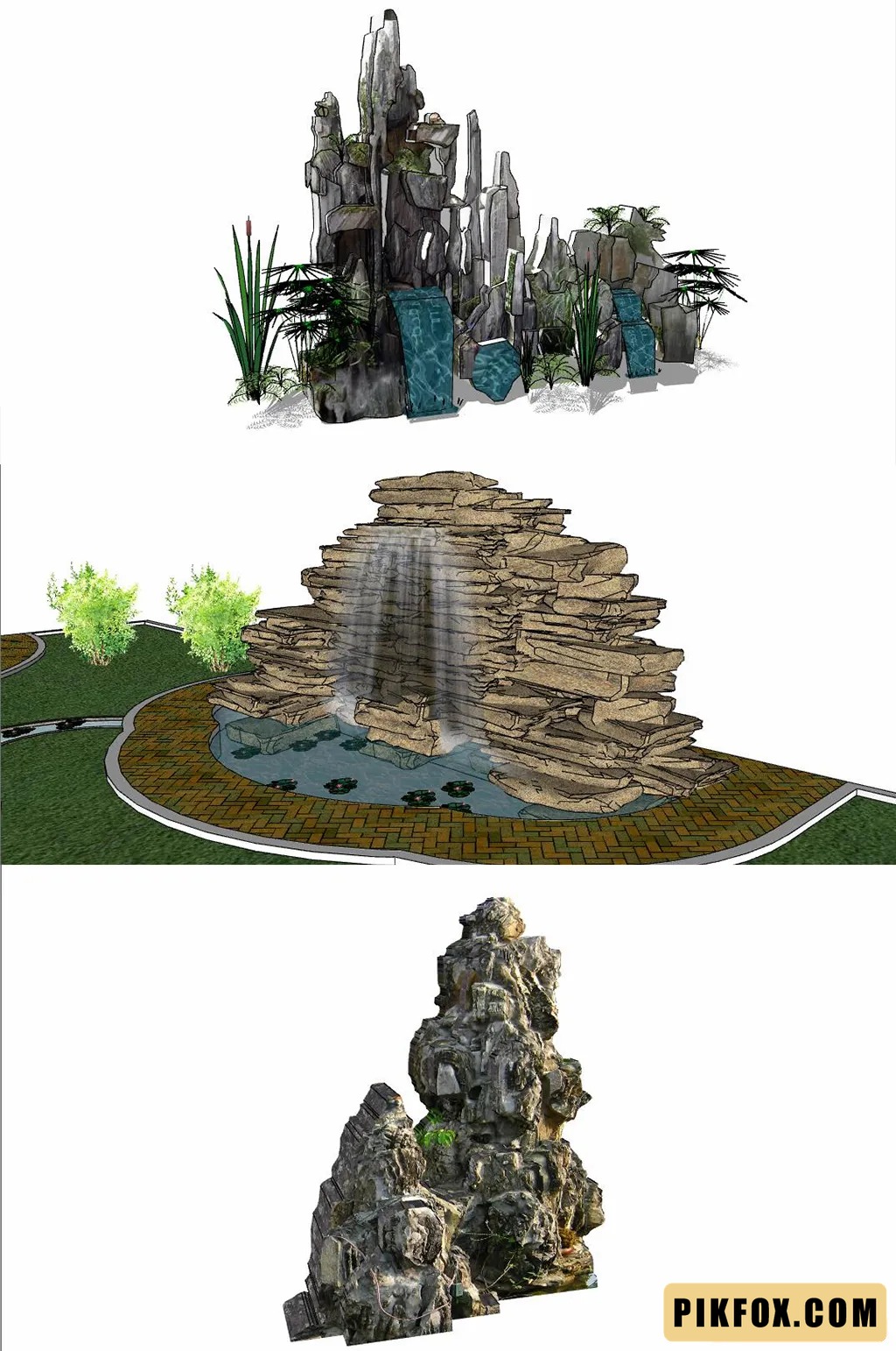 10+ Mô hình SU hòn non bộ - thác nước phong cảnh SketchUp
