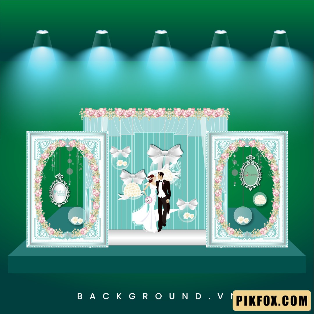 Backdrop chụp hình cô dâu chú rể nổi bật - thiết kế tone xanh ngọc (104)
