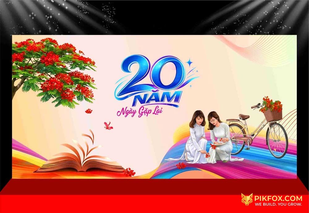 Maket Họp Lớp 20 Năm Ngày Gặp Lại Hoa Phượng Và Xe Đạp Cũ Gái Mặc Áo Dài